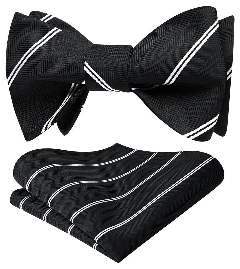 7417 Bow Ties Black Bow Tie Self Tie Striped Bowtie Handkerchief Set Formal